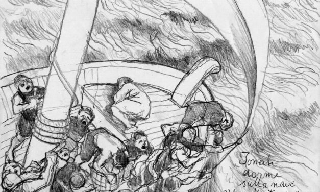 Jonah dorme sulla nave nella tempesta. Profeti – Giona 1, 1-5 – Disegno di Stefano Levi della Torre
